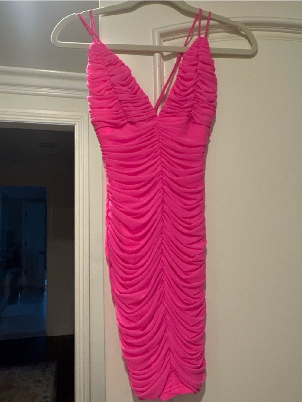 Selfie Leslie Hot Pink Ruched V-Neck Midi Dress